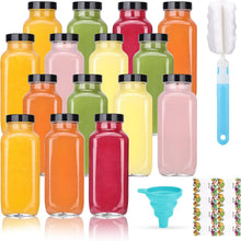 Load image into Gallery viewer, ITEM# 0245 Empty 8 oz Glass Juice Bottles with Black Lids & Labels, Reusable Travel Juice Storage Containers, Clear Glass Drink Jars for Juicing, Water, Ginger, Wellness Shots - Leakproof, Dishwasher Safe