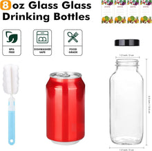Load image into Gallery viewer, ITEM# 0245 Empty 8 oz Glass Juice Bottles with Black Lids & Labels, Reusable Travel Juice Storage Containers, Clear Glass Drink Jars for Juicing, Water, Ginger, Wellness Shots - Leakproof, Dishwasher Safe