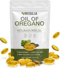 Load image into Gallery viewer, ITEM# 0240 Resilia Softgels with Black Seed Oil – Premium Grade Oregano Oil Capsules for Immune & Digestive Support – Non-GMO, Gluten-Free Softgels – Natural Herbal Wellness Supplement(60 Count) Watch Video