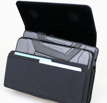 Load image into Gallery viewer, ITEM# 0250 Clip On Magnetic Close Dual Phone Holster Pouch Case for 2 Phones, Double Decker Belt Clip Case for iPhone (17 16 15 14 13 12 11) Pro Max/Plus, Samsung Galaxy (S25 S24 S23 S22 S21 S20) Ultra/Plus/Fe (Large) Watch Video)