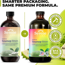 Load image into Gallery viewer, ITEM# 0231 Serene Herbs Soursop Bitters Liquid – Organic Herbal Sour SOP Guanabana with Black Seed, Moringa, Irish Moss & Ginger – Gut Support, Energy & Immune Boost – Vegan, Non-GMO – 16 oz (Watch 2 Videos)
