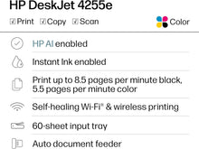 Load image into Gallery viewer, ITEM# 0022 HP DeskJet 4255e Wireless All-in-One Color Inkjet Printer, Scanner, Copier, Best-for-home, 3 month Instant Ink trial included. This printer is only 2.4 ghz capable. AI-enabled (588S6A)