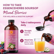Load image into Gallery viewer, ITEM# 0237 Essence Herbs Soursop Bitters Liquid with Mixed Berries, Gut & Digestive Support, Antioxidant Herbal Supplement with Soursop Leaves, Moringa, Black Seed & Turmeric, 16 fl oz