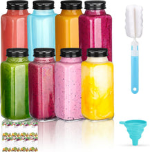 Load image into Gallery viewer, ITEM# 0245 Empty 8 oz Glass Juice Bottles with Black Lids & Labels, Reusable Travel Juice Storage Containers, Clear Glass Drink Jars for Juicing, Water, Ginger, Wellness Shots - Leakproof, Dishwasher Safe