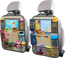 Load image into Gallery viewer, ITEM# 0051 Car Backseat Organizer with 10" Table Holder, 9 Storage Pockets Seat Back Protectors Kick Mats for Kids Toddlers, Travel Accessories, 2 Pack (Watch Video)