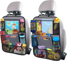 Load image into Gallery viewer, ITEM# 0051 Car Backseat Organizer with 10" Table Holder, 9 Storage Pockets Seat Back Protectors Kick Mats for Kids Toddlers, Travel Accessories, 2 Pack (Watch Video)