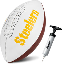 Load image into Gallery viewer, ITEM# 0215 Sports NFL Autograph Football - Official ADULT Size White Panel Souvenir Football for Autographs + Signatures - NFL Team Fan Shop Memorabilia Football for Display (Watch Video)