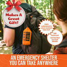Load image into Gallery viewer, ITEM# 0098 Emergency Survival Shelter – 2 Person Emergency Tent – Use As Survival Tent, Emergency Shelter, Tube Tent, Survival Tarp - Includes Survival Whistle & Paracord (Watch Video)
