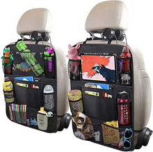 Load image into Gallery viewer, ITEM# 0051 Car Backseat Organizer with 10" Table Holder, 9 Storage Pockets Seat Back Protectors Kick Mats for Kids Toddlers, Travel Accessories, 2 Pack (Watch Video)