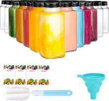 Load image into Gallery viewer, ITEM#  0245   Empty 8 oz Glass Juice Bottles with Black Lids &amp; Labels, Reusable Travel Juice Storage Containers, Clear Glass Drink Jars for Juicing, Water, Ginger, Wellness Shots - Leakproof, Dishwasher Safe
