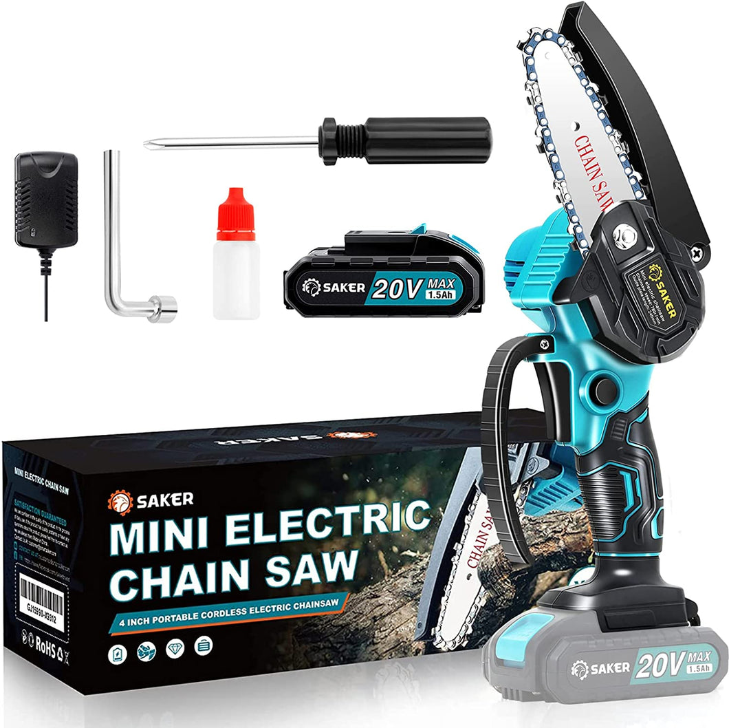 ITEM# 0154   Mini Chainsaw, Portable Electric Best Chainsaw Cordless, Small Handheld Chain Saw Pruning Shears Chainsaw for Tree Branches, Courtyard and Garden(SAKER MINI CHAINSAW + BATTERIES) Watch Video)