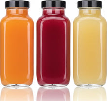 Load image into Gallery viewer, ITEM#  0245   Empty 8 oz Glass Juice Bottles with Black Lids &amp; Labels, Reusable Travel Juice Storage Containers, Clear Glass Drink Jars for Juicing, Water, Ginger, Wellness Shots - Leakproof, Dishwasher Safe
