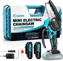 Load image into Gallery viewer, ITEM# 0154   Mini Chainsaw, Portable Electric Best Chainsaw Cordless, Small Handheld Chain Saw Pruning Shears Chainsaw for Tree Branches, Courtyard and Garden(SAKER MINI CHAINSAW + BATTERIES) Watch Video)
