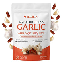 Load image into Gallery viewer, ITEM#   0241   Resilia Garlic Extract Softgels – Odorless Aged Garlic Extract Supplement with CoQ10 Ubiquinol – 20-Month Matured, Standardized for S-Allyl Cysteine - Heart Health &amp; Immune Support
