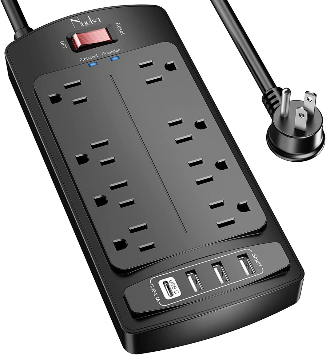 ITEM# 0133   Surge Protector Power Strip - Nuetsa Flat Plug Extension Cord with 8 Outlets and 4 USB Ports, 6 Feet Power Cord (1625W/13A), 2700 Joules, ETL Listed