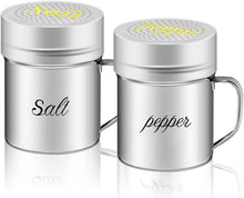 Load image into Gallery viewer, ITEM# 0120   Stainless Steel Salt and Pepper Shakers Set with Lid and Handle 127 Holes, Metal Dredge Shaker (2 Pieces)
