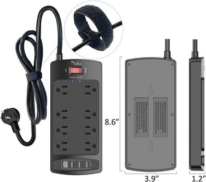 ITEM# 0133   Surge Protector Power Strip - Nuetsa Flat Plug Extension Cord with 8 Outlets and 4 USB Ports, 6 Feet Power Cord (1625W/13A), 2700 Joules, ETL Listed