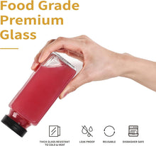 Load image into Gallery viewer, ITEM#  0245   Empty 8 oz Glass Juice Bottles with Black Lids &amp; Labels, Reusable Travel Juice Storage Containers, Clear Glass Drink Jars for Juicing, Water, Ginger, Wellness Shots - Leakproof, Dishwasher Safe
