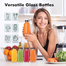 Load image into Gallery viewer, ITEM#  0245   Empty 8 oz Glass Juice Bottles with Black Lids &amp; Labels, Reusable Travel Juice Storage Containers, Clear Glass Drink Jars for Juicing, Water, Ginger, Wellness Shots - Leakproof, Dishwasher Safe
