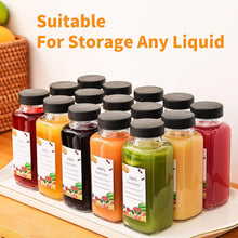 Load image into Gallery viewer, ITEM#  0245   Empty 8 oz Glass Juice Bottles with Black Lids &amp; Labels, Reusable Travel Juice Storage Containers, Clear Glass Drink Jars for Juicing, Water, Ginger, Wellness Shots - Leakproof, Dishwasher Safe
