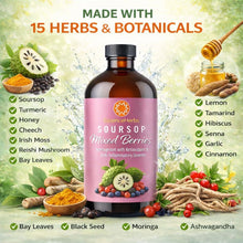 Load image into Gallery viewer, ITEM# 0237   Essence Herbs Soursop Bitters Liquid with Mixed Berries, Gut &amp; Digestive Support, Antioxidant Herbal Supplement with Soursop Leaves, Moringa, Black Seed &amp; Turmeric, 16 fl oz
