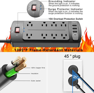 ITEM# 0133   Surge Protector Power Strip - Nuetsa Flat Plug Extension Cord with 8 Outlets and 4 USB Ports, 6 Feet Power Cord (1625W/13A), 2700 Joules, ETL Listed