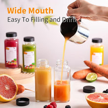 Load image into Gallery viewer, ITEM#  0245   Empty 8 oz Glass Juice Bottles with Black Lids &amp; Labels, Reusable Travel Juice Storage Containers, Clear Glass Drink Jars for Juicing, Water, Ginger, Wellness Shots - Leakproof, Dishwasher Safe
