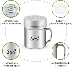 ITEM# 0120   Stainless Steel Salt and Pepper Shakers Set with Lid and Handle 127 Holes, Metal Dredge Shaker (2 Pieces)