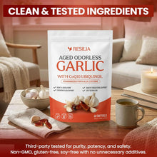 Load image into Gallery viewer, ITEM#   0241   Resilia Garlic Extract Softgels – Odorless Aged Garlic Extract Supplement with CoQ10 Ubiquinol – 20-Month Matured, Standardized for S-Allyl Cysteine - Heart Health &amp; Immune Support
