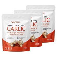 Load image into Gallery viewer, ITEM#   0241   Resilia Garlic Extract Softgels – Odorless Aged Garlic Extract Supplement with CoQ10 Ubiquinol – 20-Month Matured, Standardized for S-Allyl Cysteine - Heart Health &amp; Immune Support
