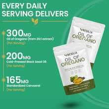 Load image into Gallery viewer, ITEM# 0240    Resilia Softgels with Black Seed Oil – Premium Grade Oregano Oil Capsules for Immune &amp; Digestive Support – Non-GMO, Gluten-Free Softgels – Natural Herbal Wellness Supplement(60 Count) Watch Video
