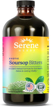 Load image into Gallery viewer, ITEM# 0231   Serene Herbs Soursop Bitters Liquid – Organic Herbal Sour SOP Guanabana with Black Seed, Moringa, Irish Moss &amp; Ginger – Gut Support, Energy &amp; Immune Boost – Vegan, Non-GMO – 16 oz (Watch 2 Videos)
