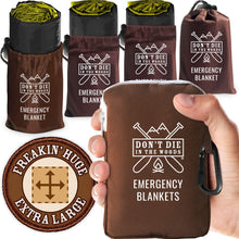 Load image into Gallery viewer, ITEM# 0104   Freakin’ Huge Emergency Blankets [4-Pack] Extra-Large Thermal Mylar Space Blankets with Ripstop Nylon Stuff Sacks + Carabiner Zipper Pack (Watch Video)
