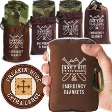 Load image into Gallery viewer, ITEM# 0104   Freakin’ Huge Emergency Blankets [4-Pack] Extra-Large Thermal Mylar Space Blankets with Ripstop Nylon Stuff Sacks + Carabiner Zipper Pack (Watch Video)
