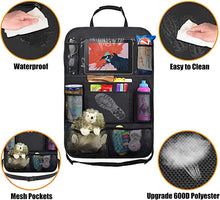 Load image into Gallery viewer, ITEM# 0051   Car Backseat Organizer with 10&quot; Table Holder, 9 Storage Pockets Seat Back Protectors Kick Mats for Kids Toddlers, Travel Accessories, 2 Pack (Watch Video)
