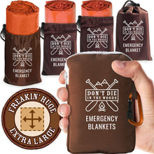 Load image into Gallery viewer, ITEM# 0104   Freakin’ Huge Emergency Blankets [4-Pack] Extra-Large Thermal Mylar Space Blankets with Ripstop Nylon Stuff Sacks + Carabiner Zipper Pack (Watch Video)
