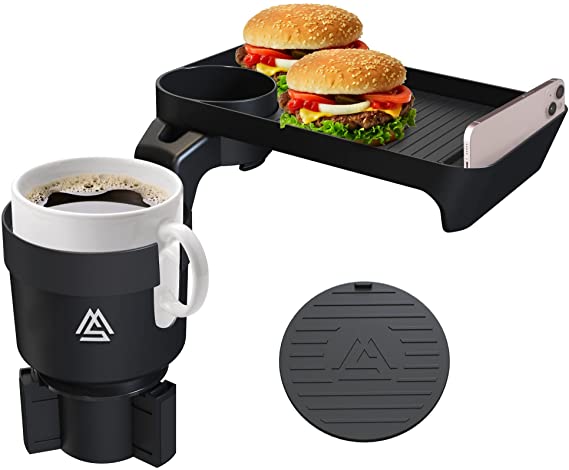 Cup Holder Tray for Car - Adjustable Car Tray Table - Perfect for Eating in Your Car with 9 inch Surface, Phone Slot, and 360? Swivel Arm - Car Food